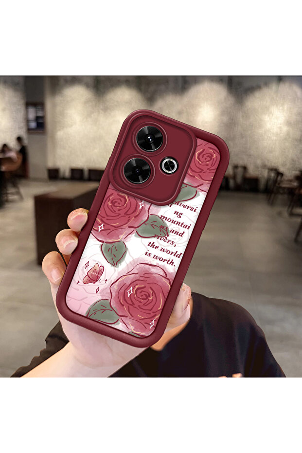 Xiaomi Poco M6 4g Compatible Beautiful Rose Pattern Burgundy Silicone Impact Protection Case