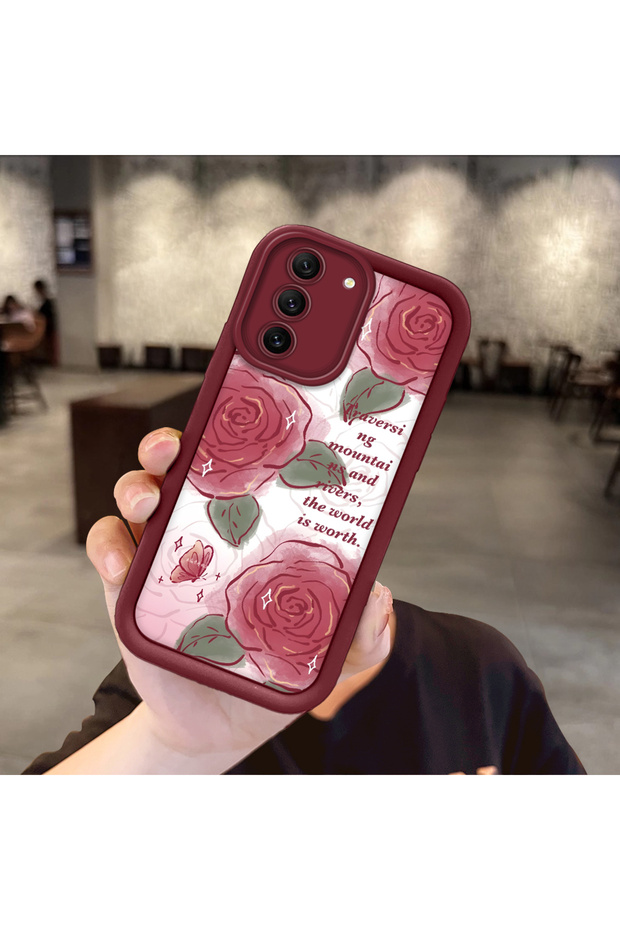 Samsung Galaxy S21 Fe 5g Compatible Beautiful Rose Pattern Burgundy Silicone Impact Protection Case