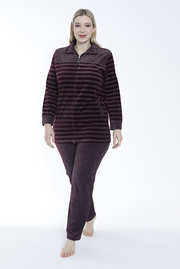 Women's Plus Size Cotton Zippered Velvet Tracksuit Set / Claret Red - - B 2280