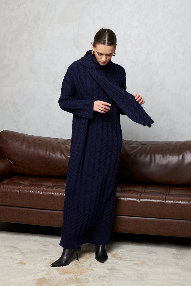 Knitted Dress with Detail Work Navy Blue