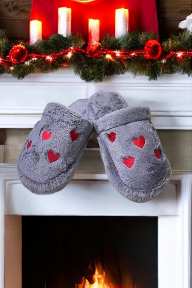 Winter Women's House Slippers | Small Heart Embroidered Rabbit Fur | Non-Slip Base