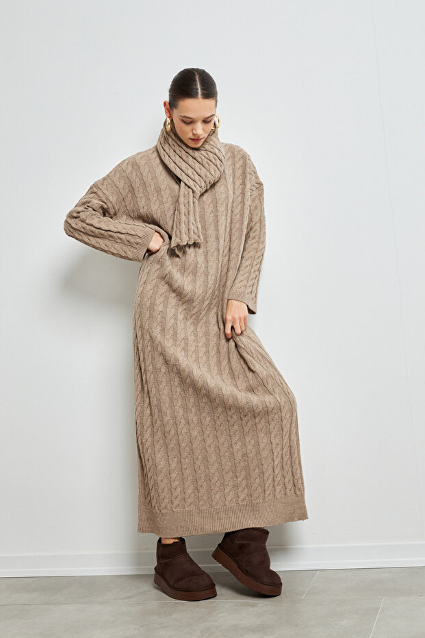 ATKI DETAYLI ÖRME TRİKO ELBİSE KREM - 2