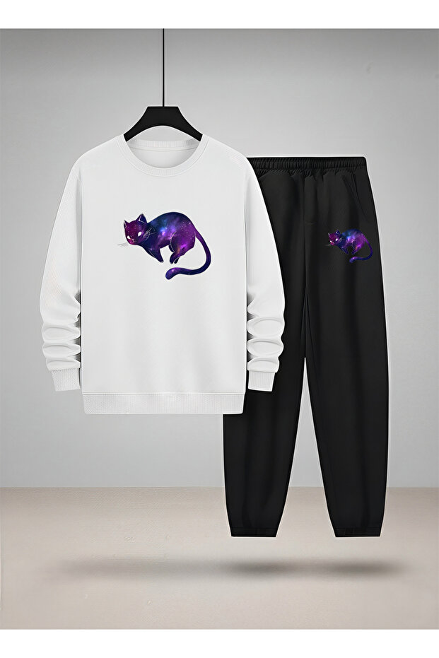 Sweatshirt - Tracksuit Set Unisex Children's Crew Neck Purple Cat B Printed 3 Thread Raised