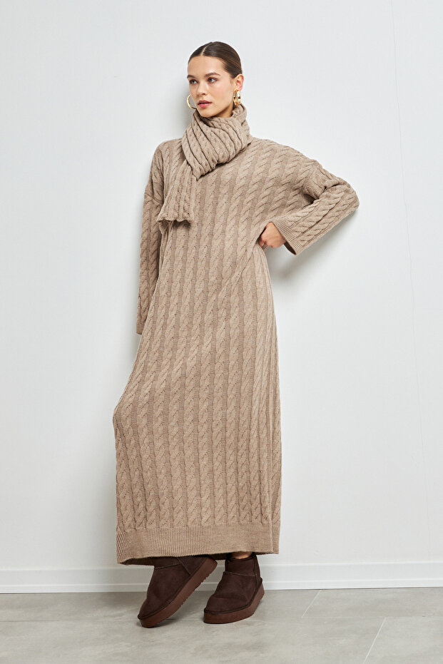 ATKI DETAYLI ÖRME TRİKO ELBİSE KREM - 3