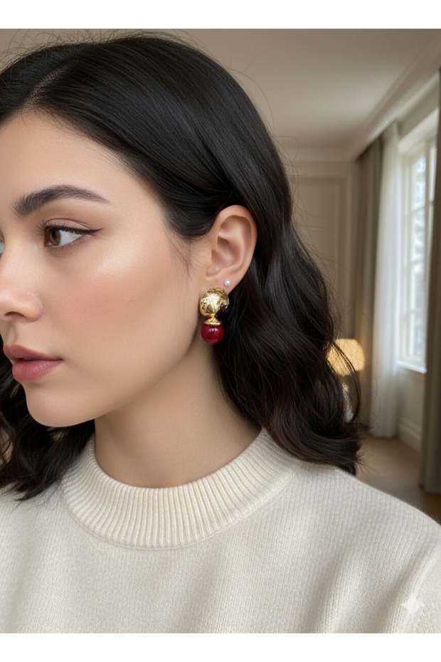 Zr Model Tattoo Goal Detail Red Ball Stone Earrings