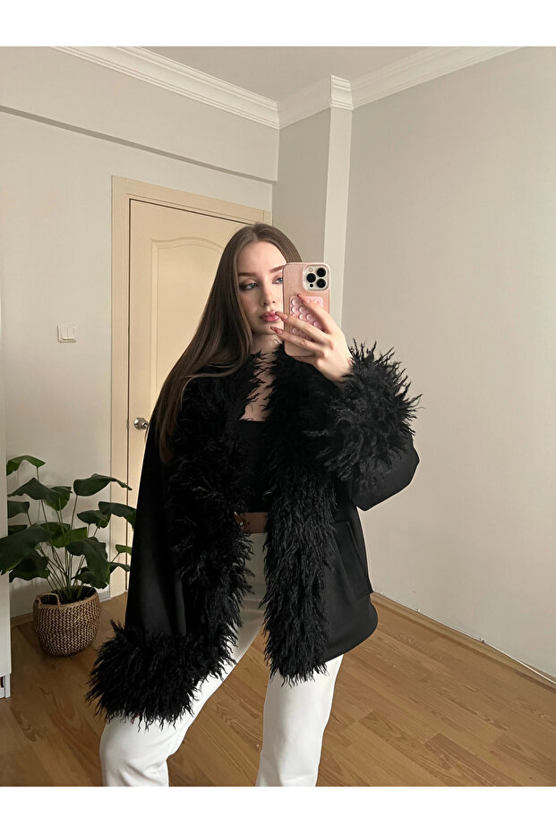 Black Suede Jacket with Fur Detail