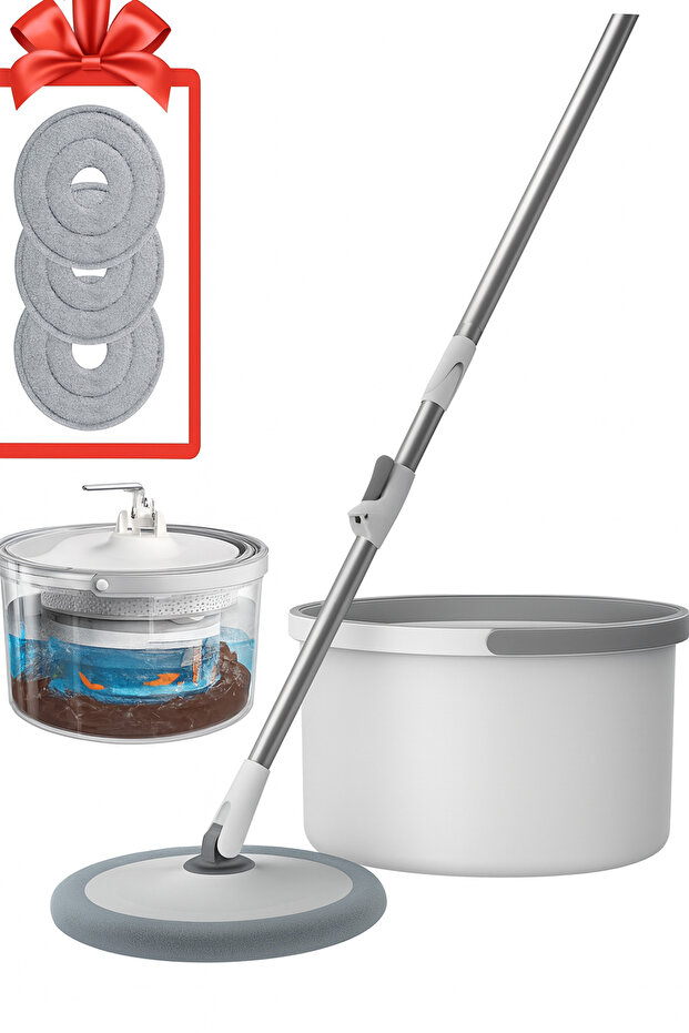 ممسحة دوّارة مع سطل غسيل وتصريف + 2 فوط أساسية + 3 فوط إضافية