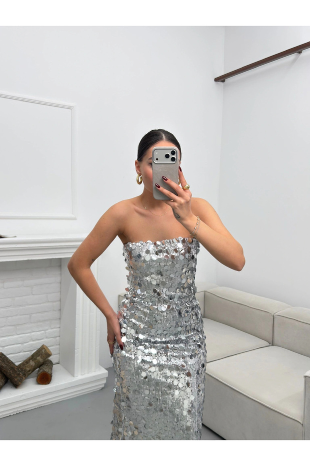 Straplez Pullu Elbise - GÜMÜŞ - 4