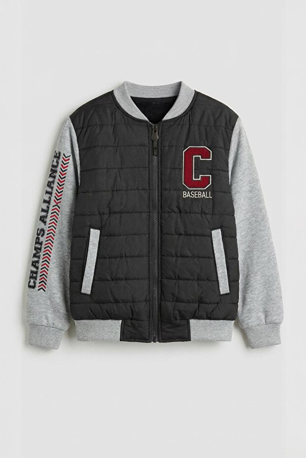 Boys' Plush-Lined Embroidered Quilted College Jacket – Black