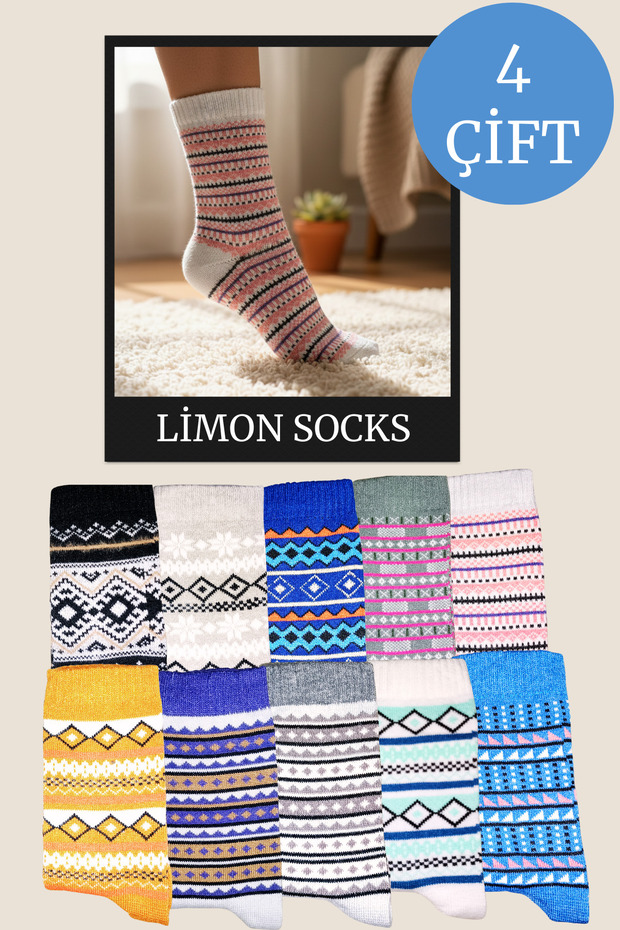 Women's Socks (4 Pairs) Striped Winter Socks - Thick Socks with Motif Patterns