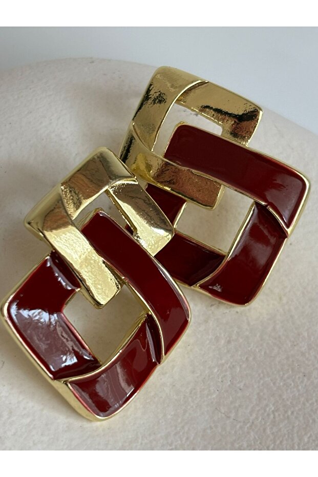 Burgundy Gold Color Triangle Earrings (4.2 cm)