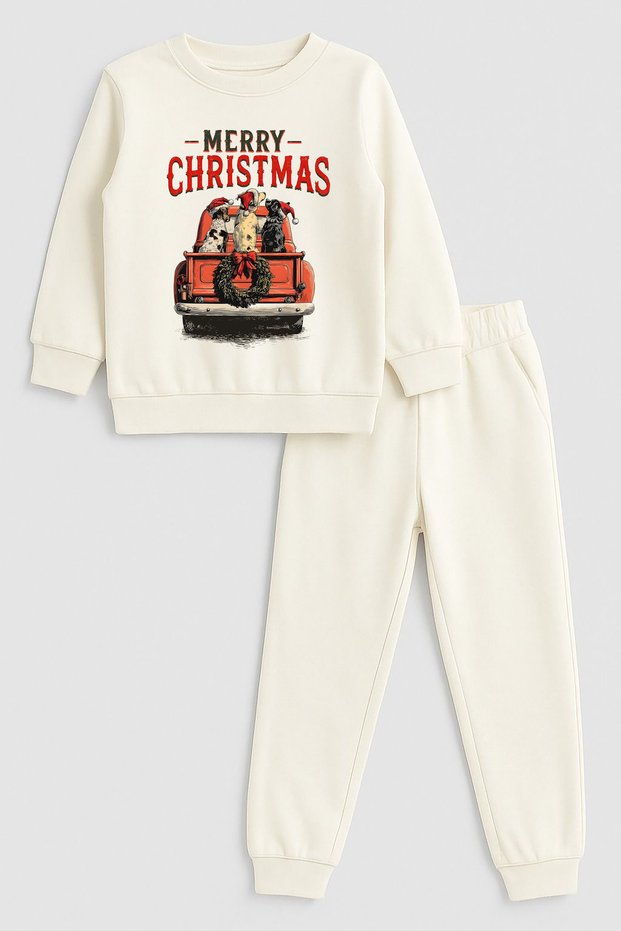 2026 New Year Santa Claus Christmas Printed Crew Neck Ecru Children's Tracksuit Bottom Top Set