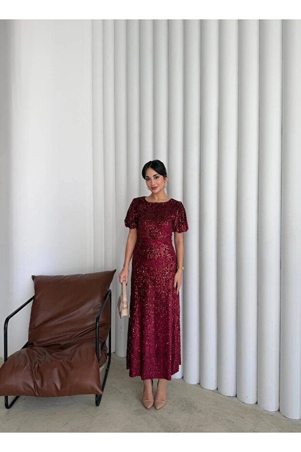 Payetli Maxi Elbise Bordo - 3