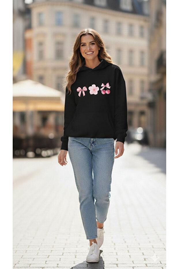 Oversized Black Cherry Ribbon Printed Hooded Sweatshirt -Hoodie