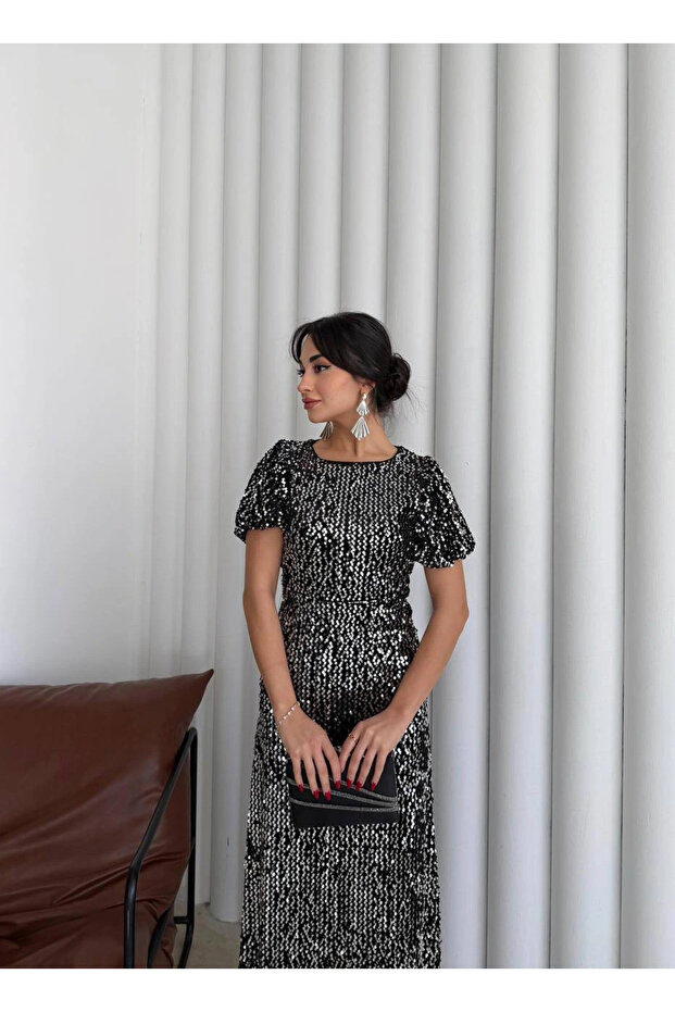 Payetli Maxi Elbise Gümüş - 6