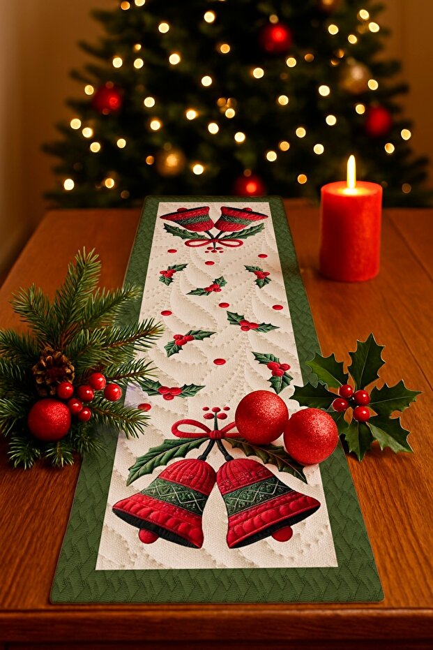 Digital Printed Christmas Decorative Table Runner with Bell and Pine Leaf Pattern