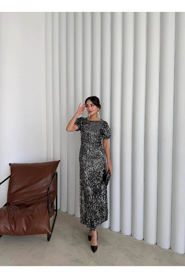 Payetli Maxi Elbise Gümüş - 5