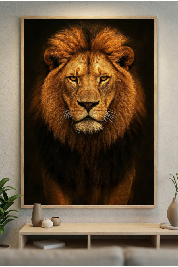 Uv Printing Lion Wall Painting with Natural Wood Frame – Modern & Stylish Wall Decor