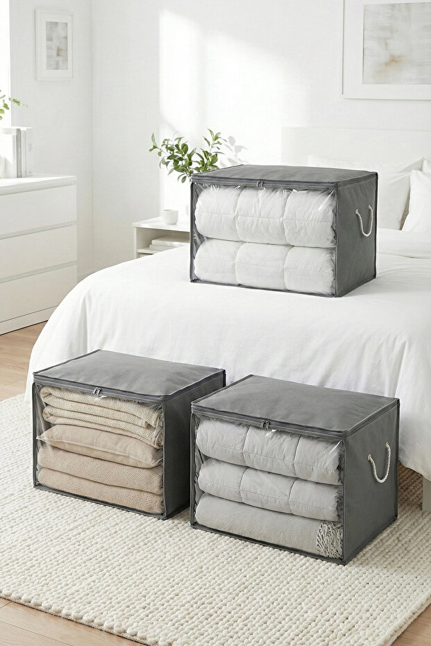 3 Pieces Gray Windowed Large Size Pillow Quilt Sweater Storage Bag / 60X40X40