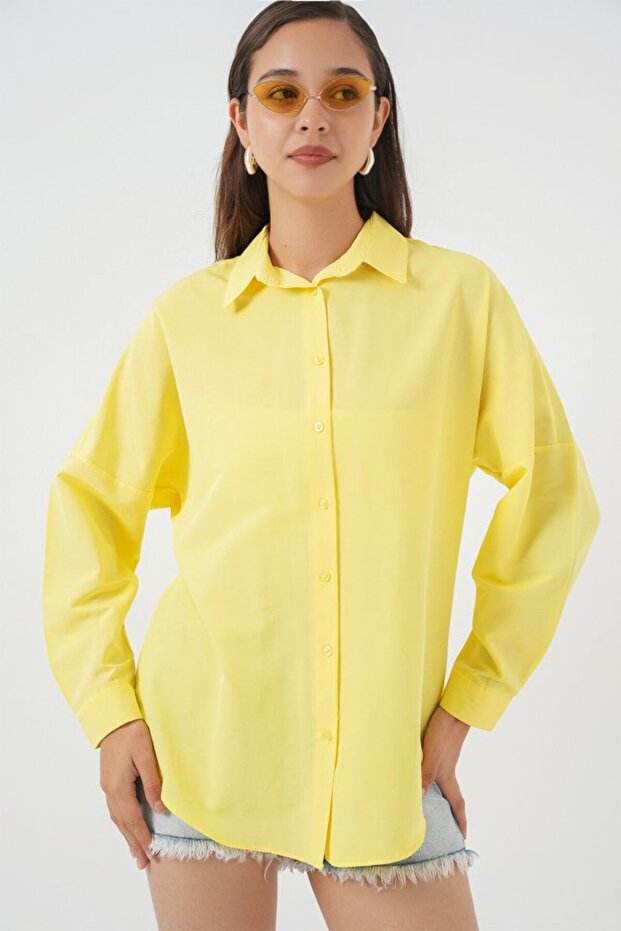 3900 Oversize Uzun Basic Gömlek - Sarı - 4