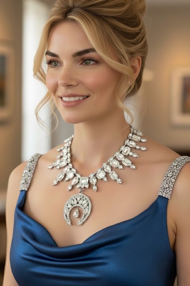 Silver Color Stone Evening Dress Necklace