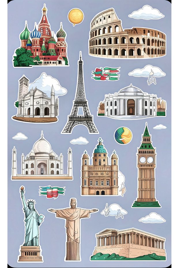 World Architecture Sticker Set – 22×30 cm | Eiffel Tower, Big Ben, Colosseum, Taj Mahal, Christ the Redeemer, St. Basil's Cathedral