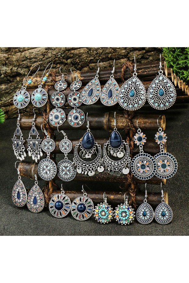 X20231133 Blue New Alloy Earrings Turquoise Inlaid Bohemian Retro Geometric Round Multi Layered Desi