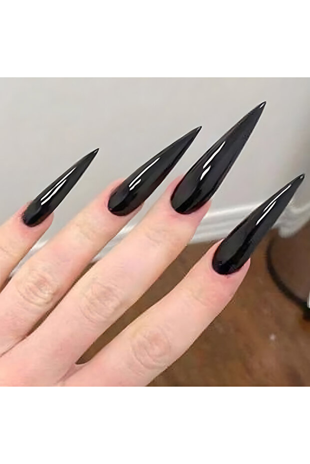 Y1 24pcs Long Pointed Fake Nail Patches Glossy Dark Black Cool Wearable Press ON Nails Solid Color F