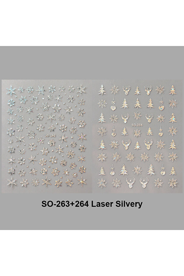 SO263-264LaserSilver 2pc Holographic Christmas Nail Art Stickers Iridescent Laser Snowflake Deer Tre