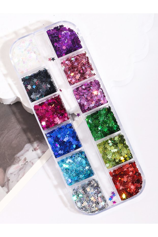 12se wujiaoxing 12 Grids Mixed Four Pointed Star Design Nail Glitters Holographic Glitter Sequins Na