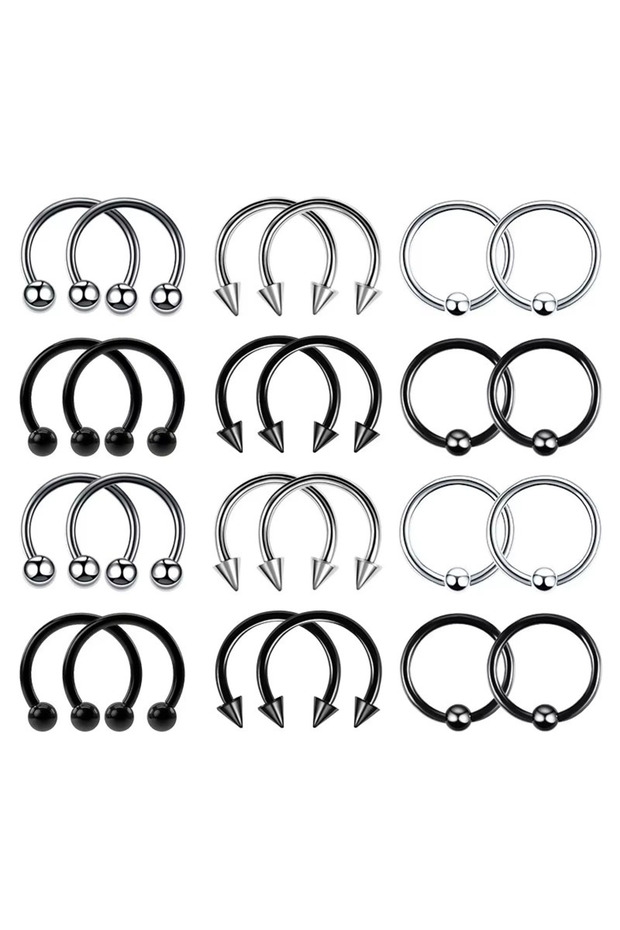 1.2x8mm 24-piece set 24pc 16G Multiuse Stainless Steel Piercing Rings - Hypoallergenic Horseshoe Hoo