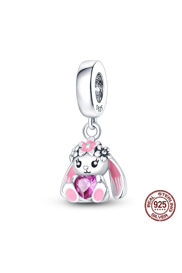 PAC400 Charms 925 Sterling Silver Pink Rabbit Pendants Charms Fit Original Charms Bracelets Necklace
