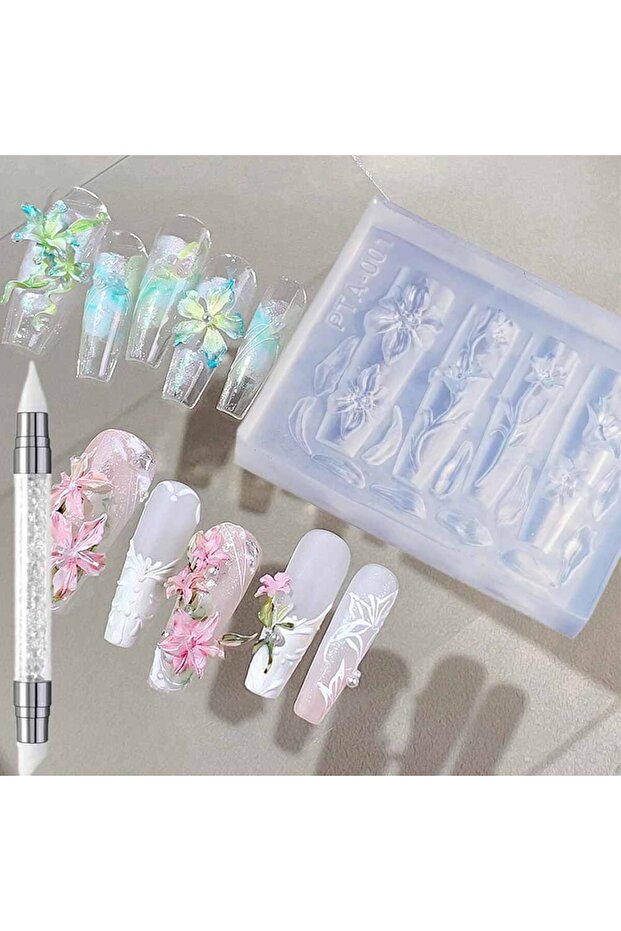 1 1Pcs 3D Bowknot Silicone Nail Molds+1Carving Pen Y2K Ballet Style Ribbon Nails Stencils Sculpture.
