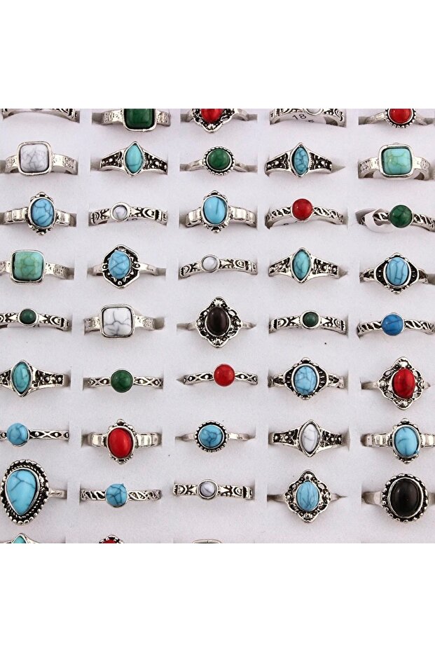 silver color 10 Pcs Mixed Random Women Boho Style Natural Green Red Stone Rings Tibetan Silver Tone