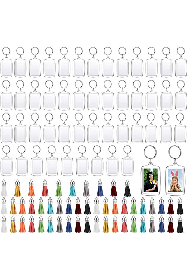 100PCS 100PCS Rectangle Acrylic Photo Frame Keychain with Tassels Photo Insert Keyrings Blank for Do