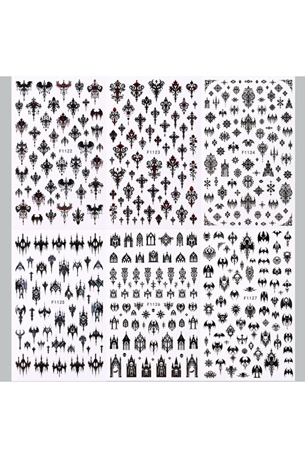 6pcs F1122-1127 Gothic Black Sticker For Nails Elegant Wedding Laced Designs Spooky Halloween Bat Sk