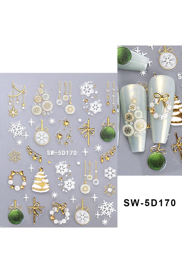 SW-5D170 5D Embossed Christmas Nail Stickers Shiny Gold Christmas Tree Nail Art Decals Cute Snowflak