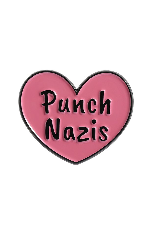as show Punch Nazis Enamel Pin Creative Pink Love Heart Metal Brooch Lapel Backpack Badge Jewelry De