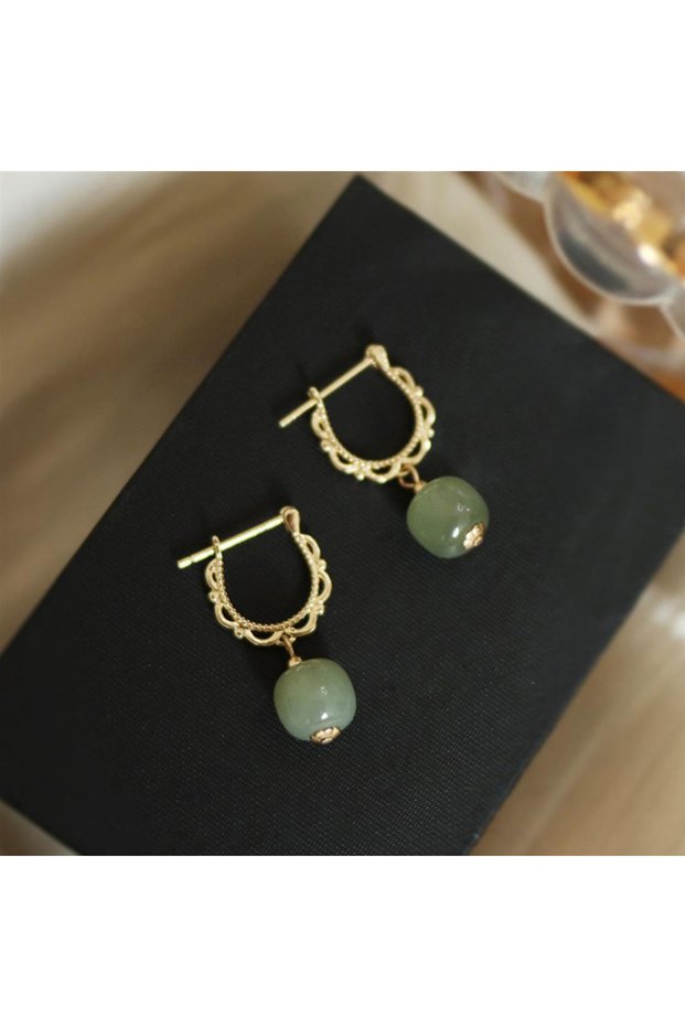 30HLZY5348 925 Plated Stamp Gold Color Hotan Jade Earrings for Women Girl Lace Fairy Gentle Palace S