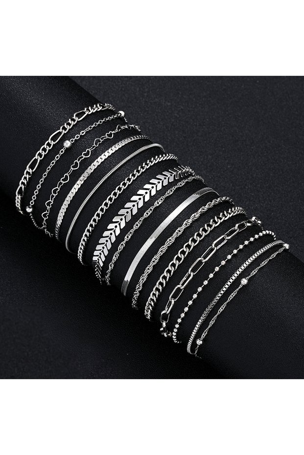 AYA6244901HB 15 Pcs/Set Dainty Silver Color Metal Bracelet Set For Women Boho Retro Thick Twist Cuba