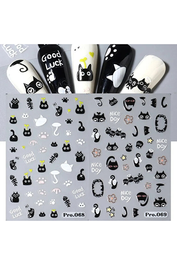 2pcs Pro.68-69 2pcs Black Cat Nail Stickers 3D Cute Cartoon Animal 3D Self-Adhesive Nail Art Decals