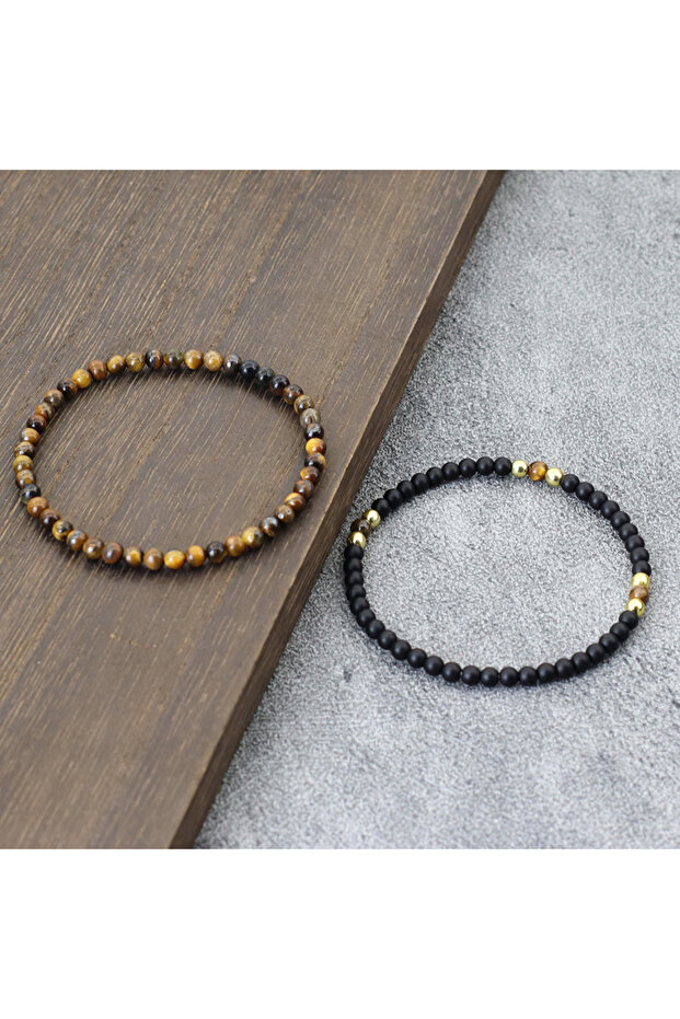 19.5cm(7.7inches) tiger eyes Unique 2Pcs/Set Beaded Bracelet Men 4mm Samll Stone Tiger Eyes Howlite