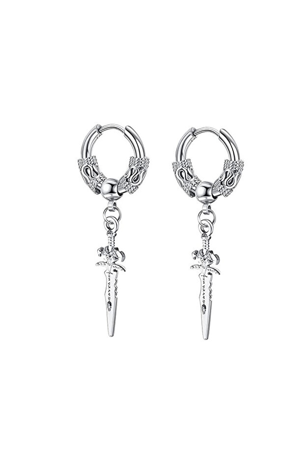 2pcs Silver 2pcs Stainless Steel Dragon Coil Sword Pendant Drop Hoop Earrings Unique Punk Hip Hop St