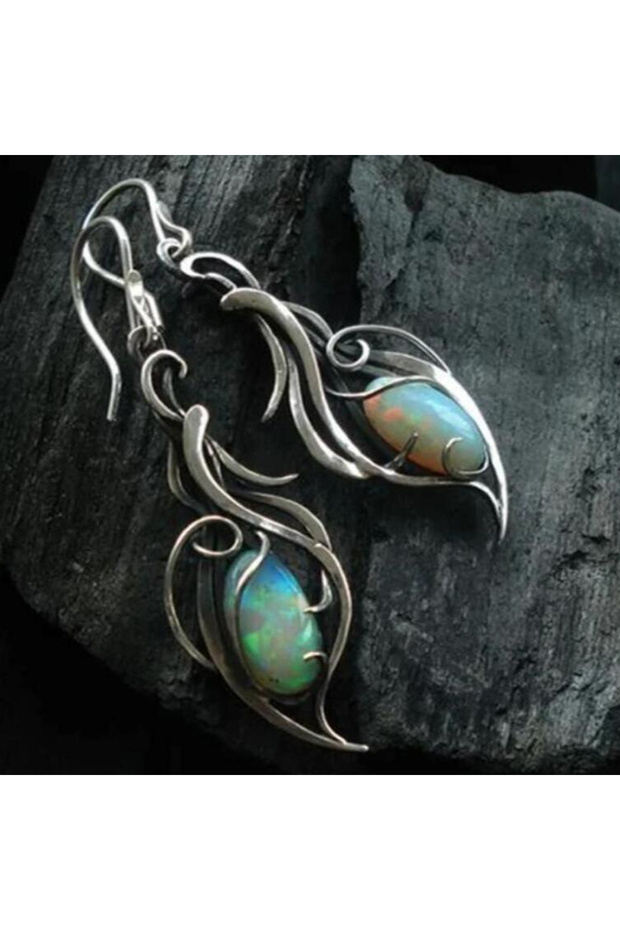 AEH70396 1 Pair of Silver Color Bohemian Opal Pendant Earrings, Elegant Jewelry Suitable for Festiva