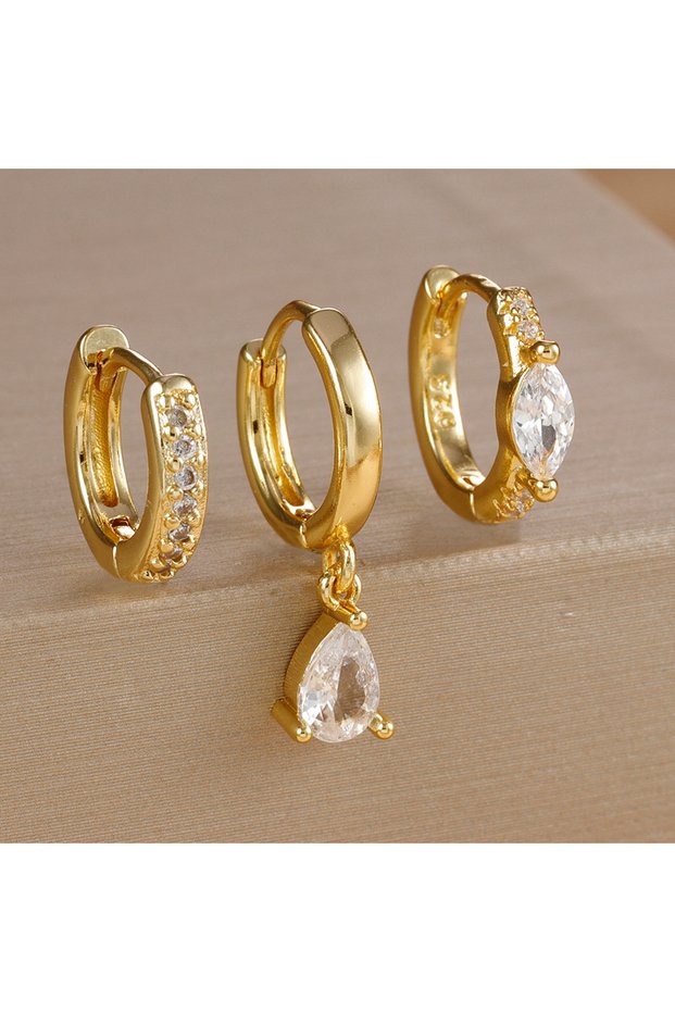 Gold-White-3pcs 3PCS Sets Stainless Steel Water Drop Hoop Earrings For Women Fashion Girl Punk Rock