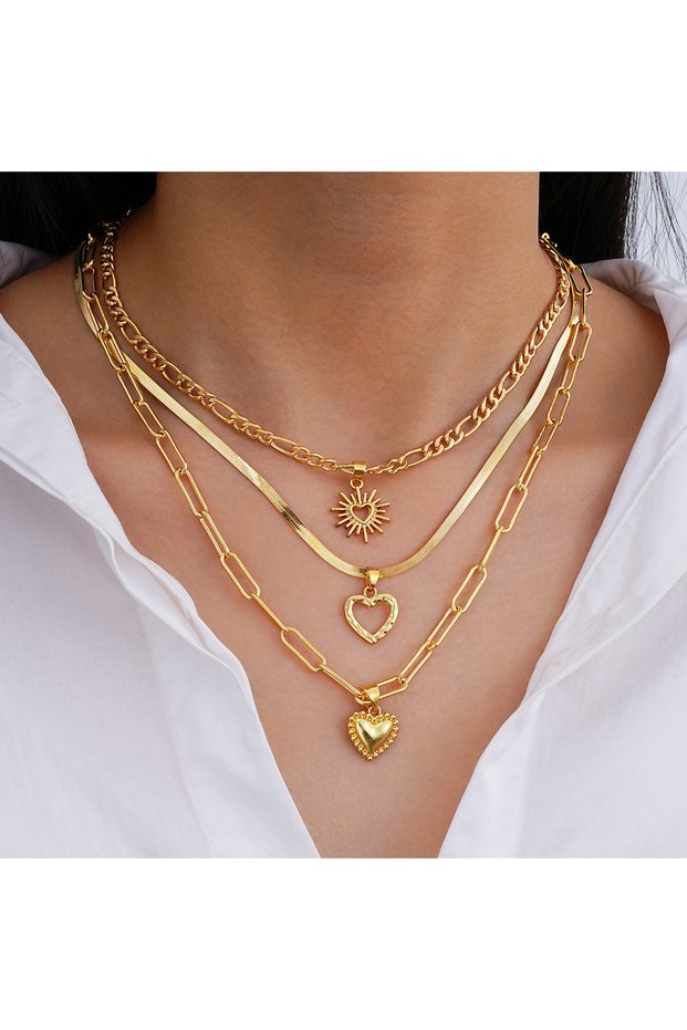 AYA6186201HB 3Pcs/Set Boho Heart Pendant Necklace for Women European And American per Metal Gold Col