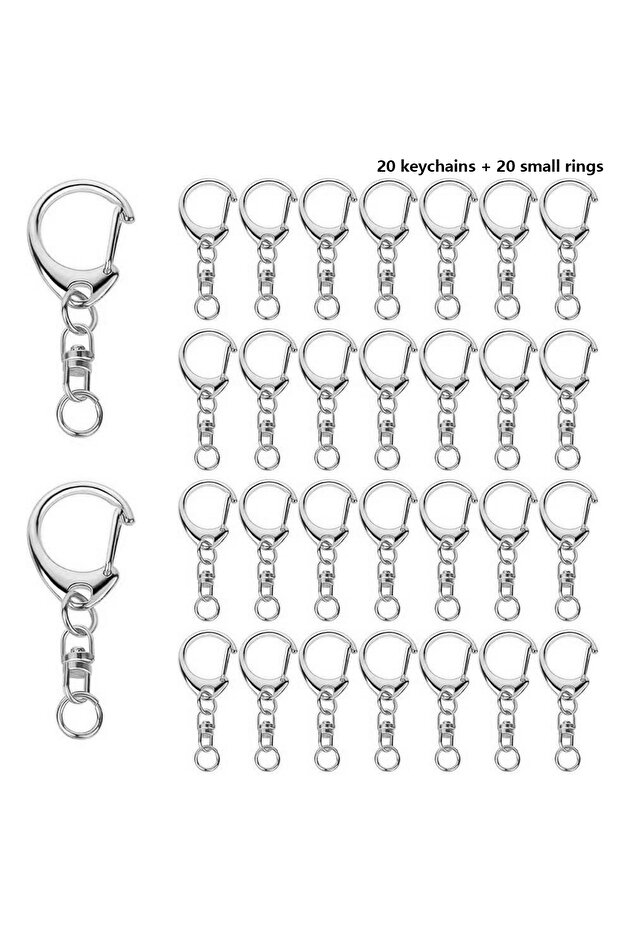 20 SETS Silver 20 Sets Quick-Release Hook C Shape Keychain Accessories 20 Keychains and 20 Small Rin