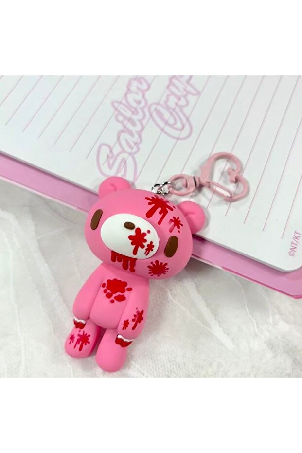PINK Edgy Pink Bloody Bear Keychain - Cute yet dark, with a heart - shaped clasp. Perfect for adding