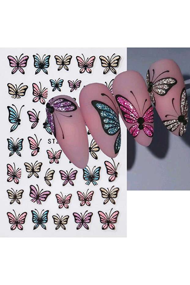 1pcs STZ-JC001 Glitter Butterfly Nail Stickers Decals Charm 3D Shiny Blue Pink Design Self Adhesive