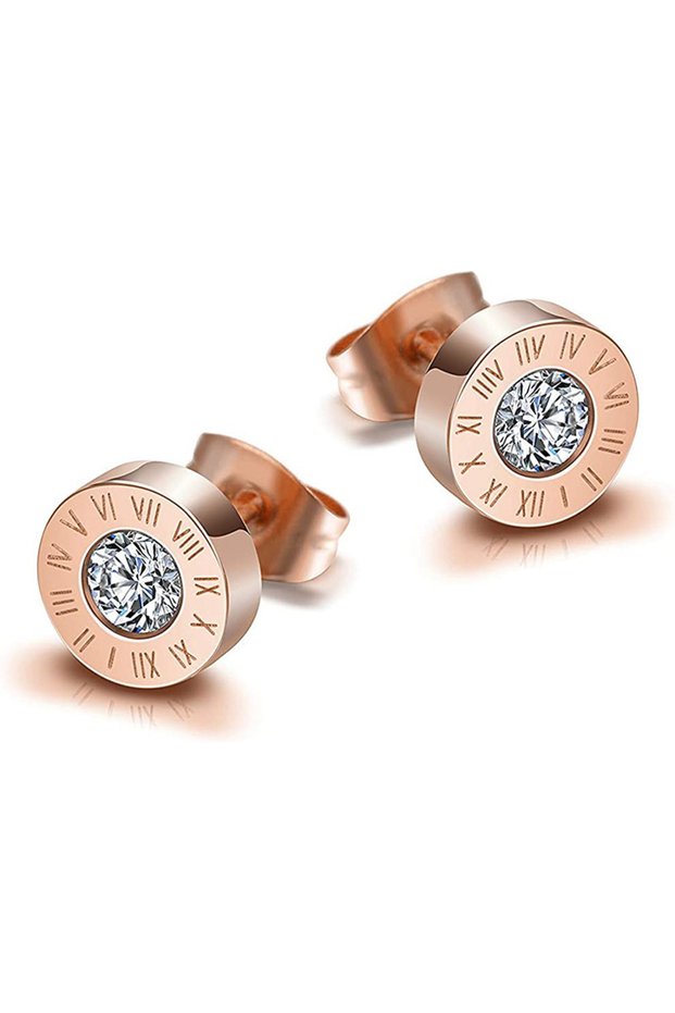 luoma-RoseGold 316 Stainless Steel Round Shine AAA CZ 10MM Diameter Roman Numeral Stud Earrings For